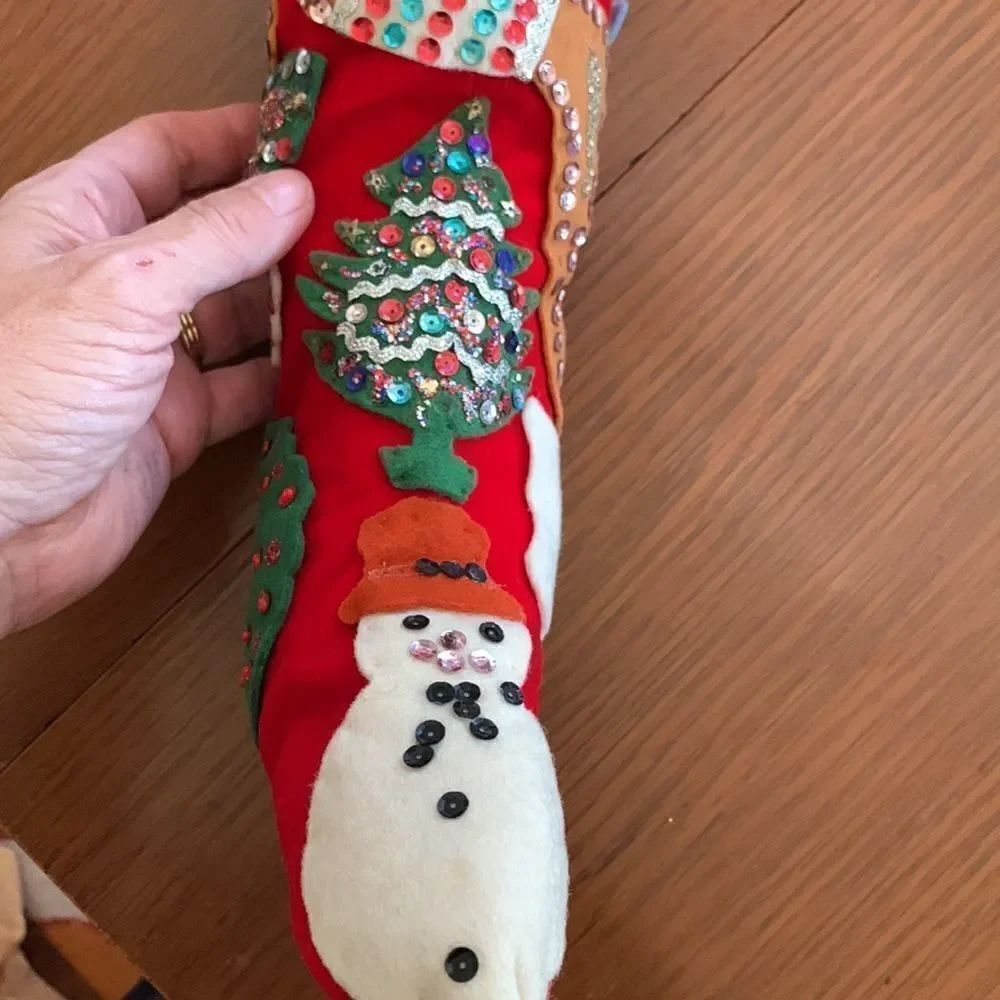 Vtg 60s large red felt hand decorated‎ Christmas stocking